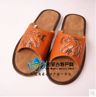 内蒙手工夏季真皮拖鞋 男款防滑、凉爽彩绘羊皮居家拖鞋